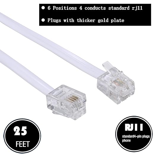 25Feet Long Telephone Extension Cord Phone Cable Line Wire, with Standard RJ11 Plug and 1 in-Line Couplers and 20 Cable Clip Holders-White