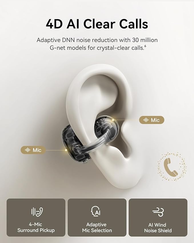 Baseus Bowie MC1 Pro Open Ear Clip-On Headphones, Hi-Res LDAC & HiFi4 Acoustic Sound, 5g Ultra-Lightweight Comfort, SuperBass 2.0, DNN 4-Mic AI Clear Calls, IP67 Waterproof, Bluetooth 6.0 (White)
