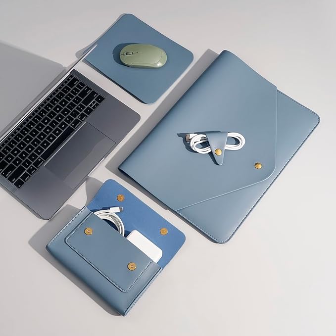 PU Leather Laptop Sleeve Compatible with New 14 inch MacBook Pro A2992 A2918 A2779 A2442,Old MacBook Pro Air 13, Surface Laptop 5th Gen 13.5, Thinkpad X1 Carbon 14 Set of 4PCS Color Blue