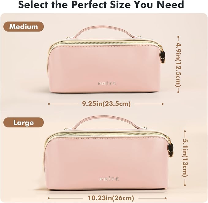 Prite Makeup Bag for Women Travel Waterproof Vegan Leather Cosmetic Bag Open Flat Toiletry Bag With Clear Divider and Handle (Pink)
