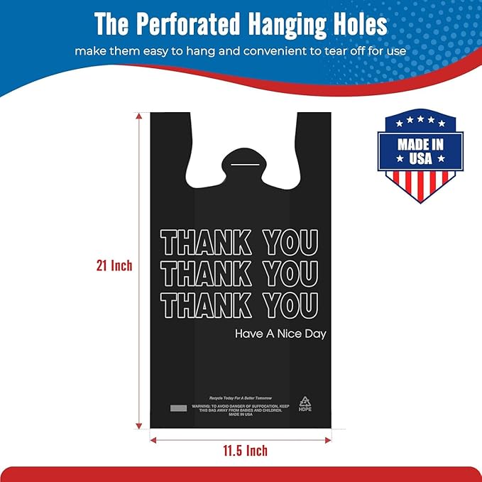 Fuxury 500 Count - Thank You Plastic Tshirt Bags Black (11.5" x 6.5" x 21"), T-shirt, Grocery, Take Out, To Go, Retail Shopping Bags in Bulk for Small Business
