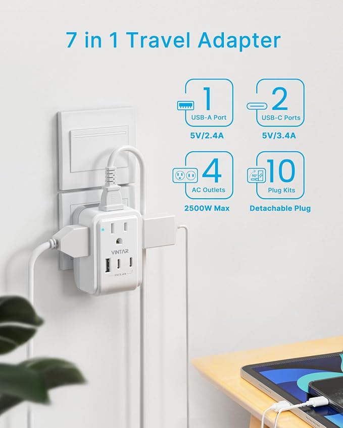 VINTAR Universal Travel Adapter Kit, International Power Adapter with 4AC and 3USB Ports(2 USB-C), Type A,B,C,D,E/F,G,H,I,L,M Swap Adapt Attachments, Travel Adapter Worldwide for Europe/Africa/India