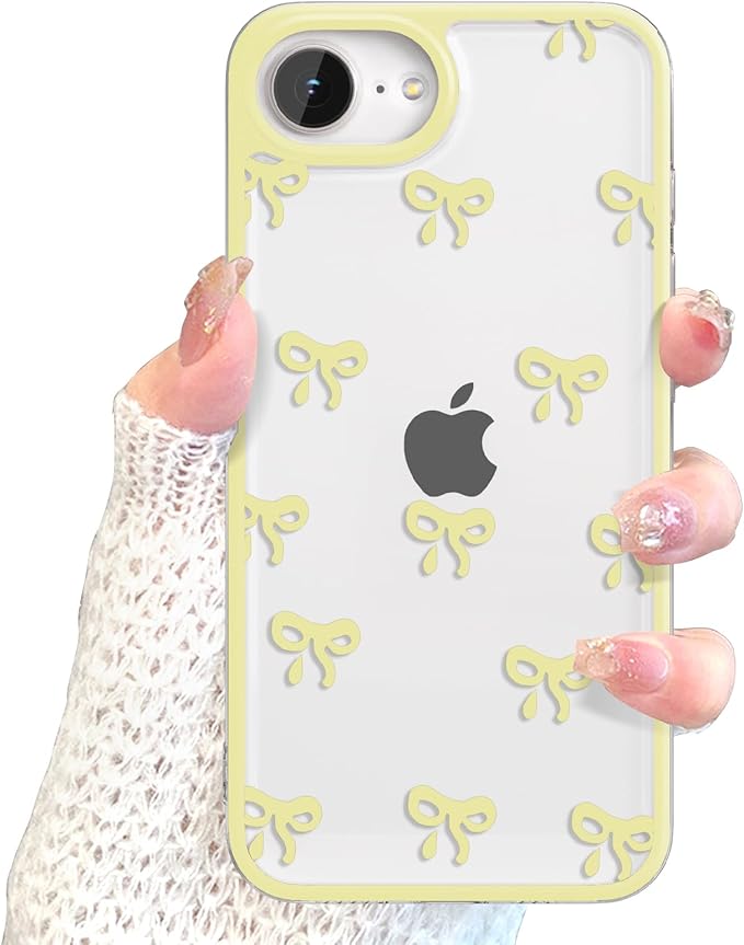 EYZUTAK Case for iPhone 16e, Clear Cute Ribbon Bowknot Pattern Aesthetic Transparent Phone Case Raised Camera Protection Stylish Slim Soft Durable TPU Protective Cover for Women Girls - Yellow