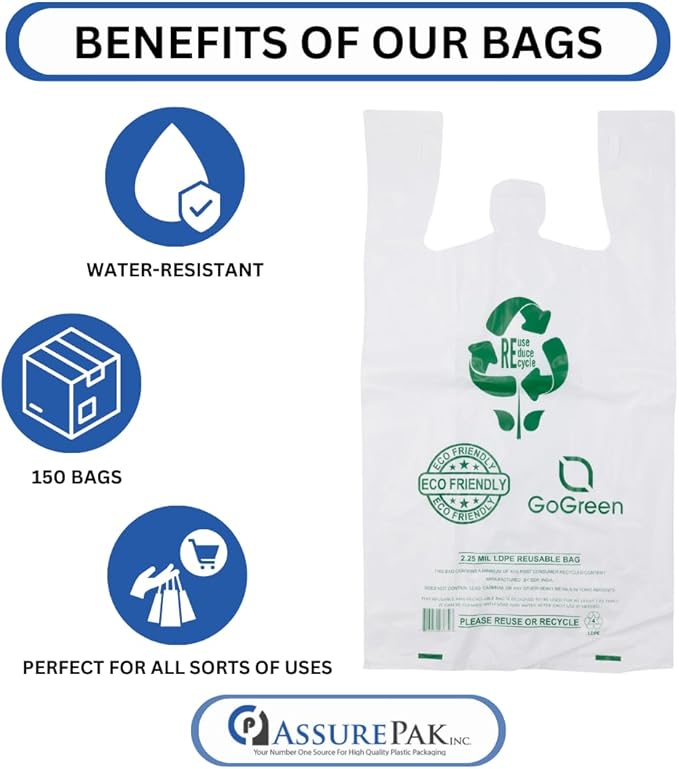 White Reusable/Eco-Friendly LDPE T-Shirt - 1/6 BBL 12"X7"X22" - 150 Bags - 57 Micron (2.25 mil) - White - WHLD40REC225REU12722 - AssurePak