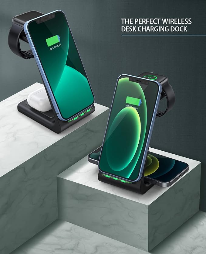 3 in 1 Wireless Charging Station, 2025 Upgraded Fast Desk Charger Station for iPhone 16 15 14 13 12 Pro Max Plus, Charger Stand for Apple Watch 10 9 8 7 6 5 4 3 2 SE, Airpods 4 3 2 Pro(Black)