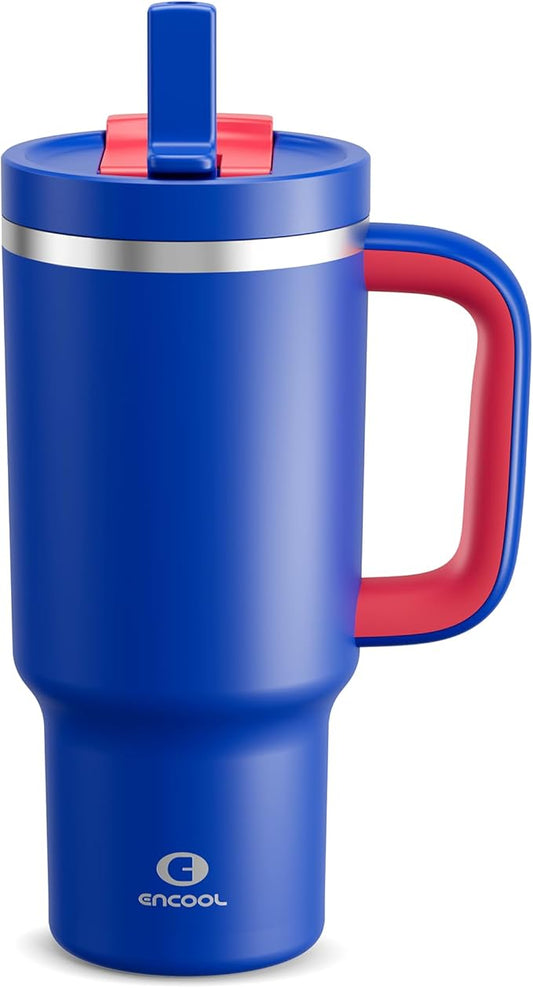 32 oz Tumbler with Handle and Straw: Stainless Steel Insulated Tumbler Keeps Cold for 24 Hours, Leakproof Travel Cup Fits in Cup Holder and BPA-Free, Beaucoup Blue
