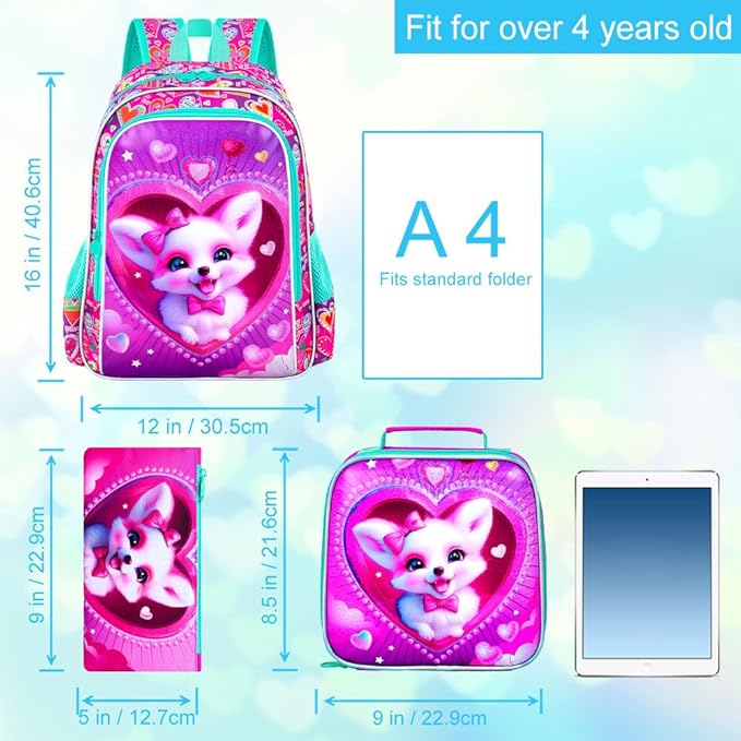 3Pcs Fox Backpack for Girls, 16" Kids Bookbag with Lunch Box, School Backpacks Set for Elementary Preschool Kindergarten(Pink)