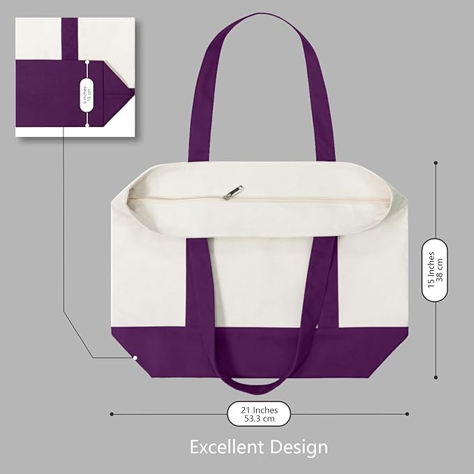 TOPDesign 1-Pack Canvas Tote Bag with an External Pocket, Reusable Grocery Shopping Bag, Top Zipper Closure, Daily Essentials (Purple/Natural)