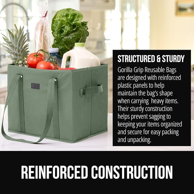 GORILLA GRIP Heavy Duty Foldable Reusable Grocery Bags, Tear Resistant Box Shape Shopping Tote with Reinforced Handles, Grip Feet, Easily Carry and Transport Groceries, 1 Pack, 13x10x11, Sage Green