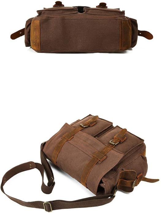 Sechunk Vintage Military Leather Canvas Laptop Bag Messenger Bags Medium