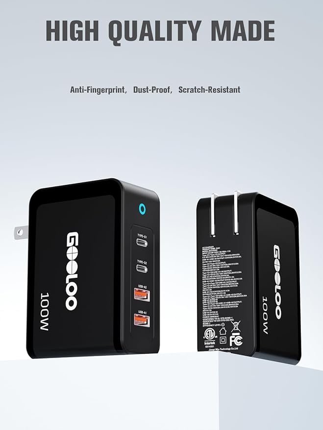 Gooloo 100W USB C Charger Block, 4-Port Foldable Compact Fast Wall Charger for MacBook Pro/Air/iPad/iPhone Series and More, SuperSafe Power Adapter for Gooloo GT4000S/GT3000 Jump Starters