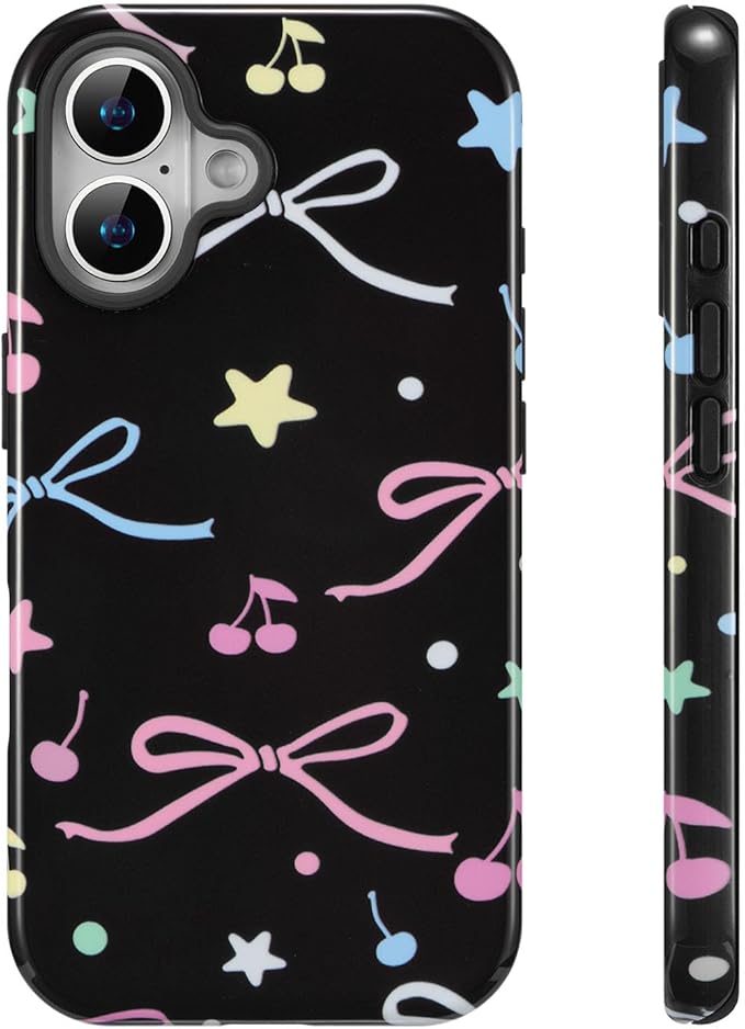 QLTYPRI Case for iPhone 16, Aesthetic Colorful Bow Cherry Stars Phone Case for Girls Women, Protective Hybrid 2-Layer Hard Shell Silicone Cover Durable Shockproof Phone Cover - Black