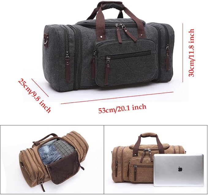 Duffle Bag for Travel, Large Canvas Duffel Bag for Travelling Overnight Weekender Bag Carry On Bag for Men Women Grey