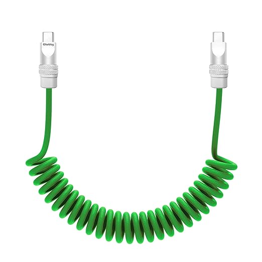 chubbycable Curly Chubby Retractable Fast Charging Cable 240W Coiled Charger Cord for Car Durable USB C Cable Compatible with iPhone 16/15 Series, Green, Type-C to Type-C, 1.3FT-2.3FT