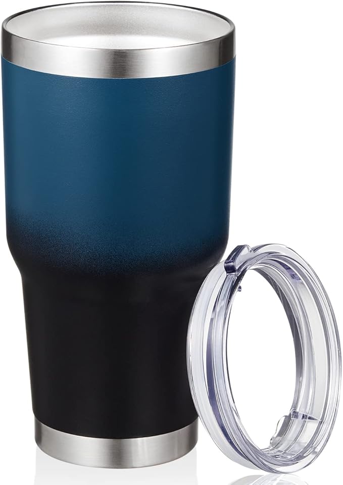 MEWAY 30oz Insulated Tumbler With Lids and Straws,Stainless Steel Double Vacuum Coffee Tumbler Cup, Brush, Durable Powder Coated Coffee Cup for Cold & Hot Drinks, Office, Travel(Blue Black,1 PACK)