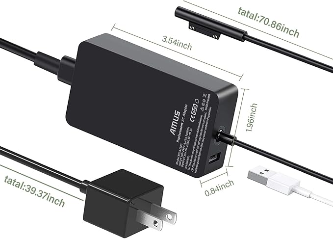 44W 15V 2.58A Surface Pro AC Laptop Charger fit for Microsoft Surface Pro 3 Pro 4 Pro 5 Pro 6, Laptop 2/1, Go 2/3 Surface Book 1/2 Model 1625 1800 Power Adapter with 5V 1A USB Charging Port