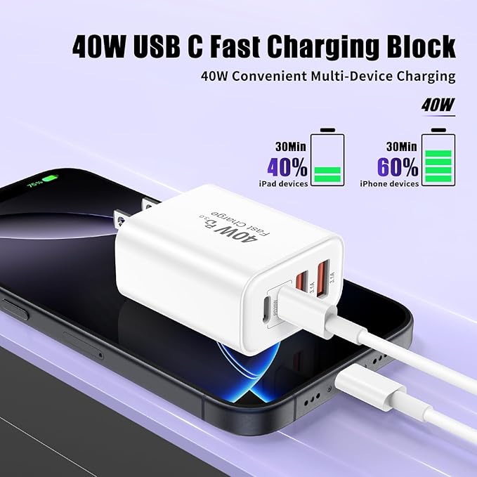 USB C Charger Block, 40W 3Pack 4-Port Type C Fast Charging Wall Cube, Dual PD&QC Power Adapter Multiport Charger Wall Plug Type C Brick for iPhone 16/15/14/13/12/11 Pro Max XR XS, iPad Pro/Air/Mini