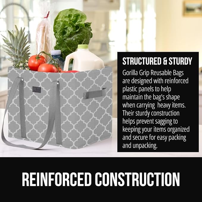 GORILLA GRIP Heavy Duty Foldable Reusable Grocery Bags, 5 PK, Tear Resistant Box Shape Shopping Tote with Reinforced Handles, Grip Feet, Easily Carry and Transport Groceries, 13x10x11 Quatrefoil Gray