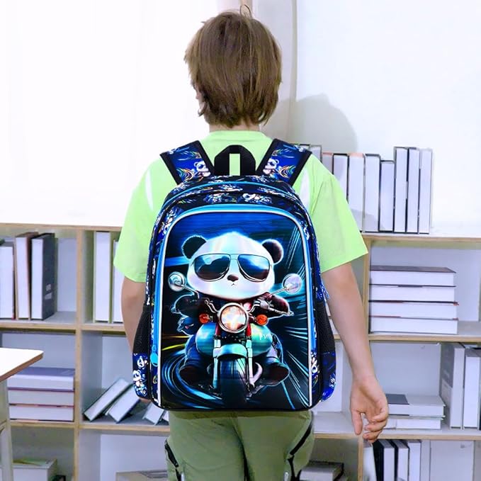 CCJPX 3PCS Backpack for Boys, 16 Inch Kids Panda Water Resistant Preschool Backpacks, Cool Kindergarten School Bookbag Set for Teen Travel