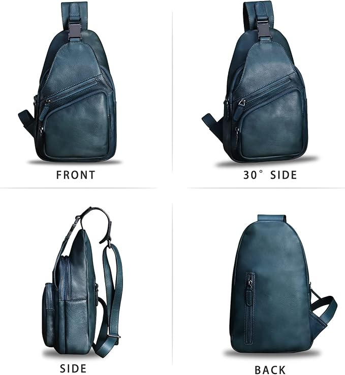 Genuine Leather Sling Bag Crossbody Purse Handmade Hiking Daypack Motorcycle Bag Retro Shoulder Backpack Vintage Chest Bag (NavyBlue)