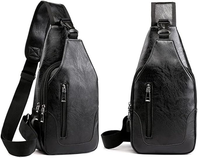 Peicees Leather Sling Bag Mens Crossbody Bag Chest Bag Sling Backpack for Men with USB Charge Port