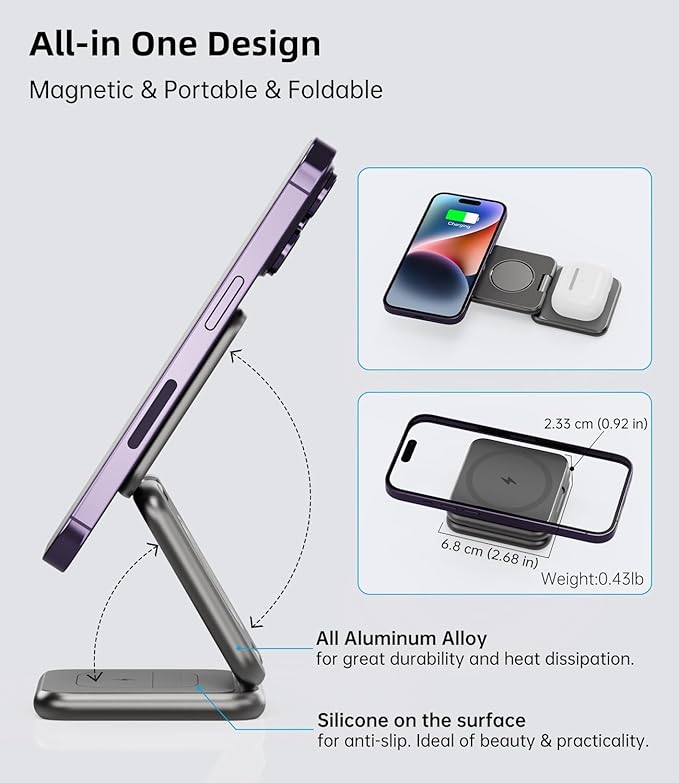 Foldable Magnetic Wireless Charger, KU XIU X40 Aluminum Alloy 3 in 1 Charging Station for Apple, Fast Magnetic Charger Stand for iPhone 16 15 14 13 12 Series, 5W for iWatch, AirPods 3/2/Pro, Gray
