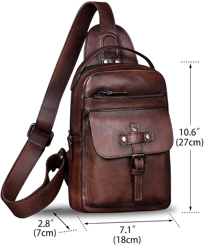 IVTG Genuine Leather Sling Bag Chest Shoulder Fanny Bag Hiking Backpack Vintage Handmade Crossbody Daypack