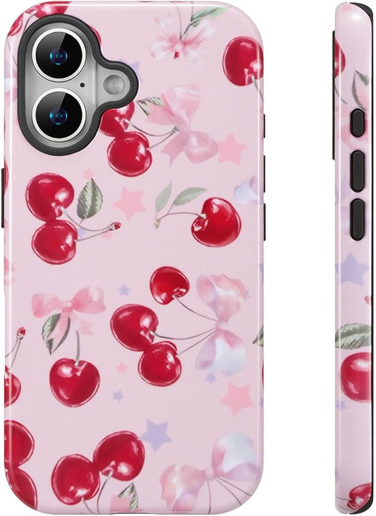 QLTYPRI Case for iPhone 16 Plus, Aesthetic Cute Pink Cherry Bow Phone Case for Girls Women, Protective Hybrid 2-Layer Hard Shell Silicone Cover Durable Shockproof Phone Cover - Pink