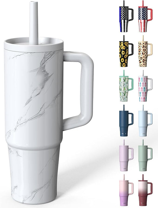 TILUCK 30 oz Tumbler with Handle, Vacuum Insulated Stainless Steel Travel Mug with 100% Leak-Proof Silicone Straw Lid, Cupholder Friendly Water Bottle(Marble, 30oz)