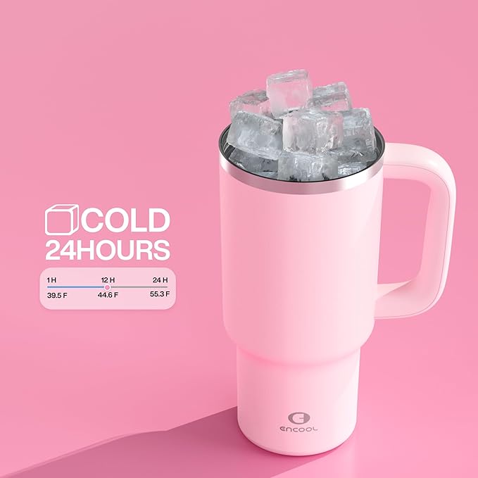 32 oz Tumbler with Handle and Straw: Stainless Steel Insulated Tumbler Keeps Cold for 24 Hours, Leakproof Travel Cup Fits in Cup Holder and BPA-Free, Cotton Candy