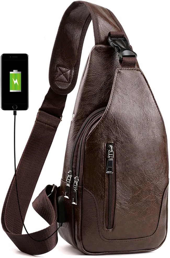 Peicees Leather Sling Bag Mens Crossbody Bag Chest Bag Sling Backpack for Men with USB Charge Port