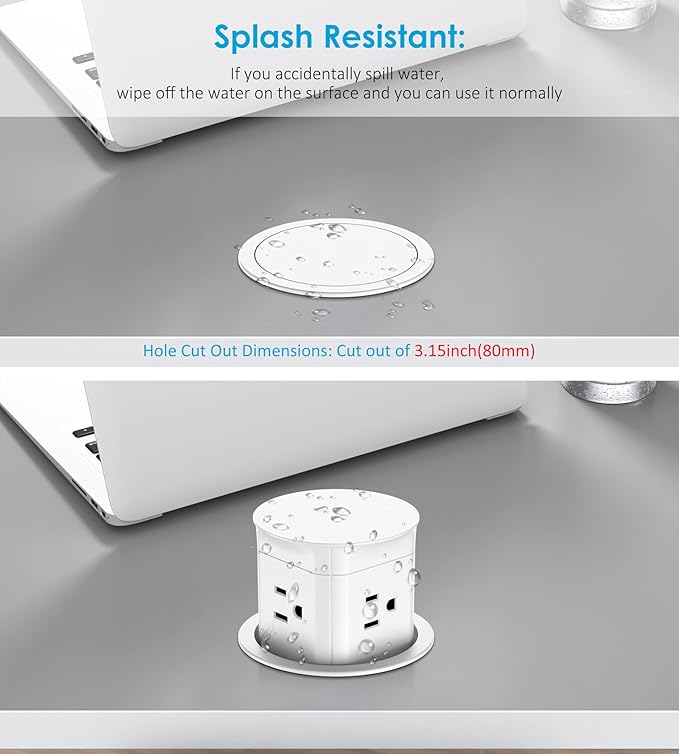 Jgstkcity Pop Up Outlet for Countertop, Flush Mount Tamper Resistant Space Saver Recessed 1875W Grommet,4 Outlets,15Amp Receptacle,ETL Listed,3.15inch Hole,White