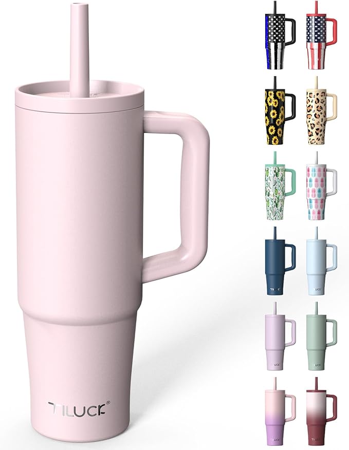 TILUCK 30 oz Tumbler with Handle, Vacuum Insulated Stainless Steel Travel Mug with 100% Leak-Proof Silicone Straw Lid, Cupholder Friendly Water Bottle(LightPink, 30oz)