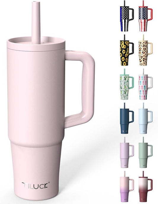 TILUCK 30 oz Tumbler with Handle, Vacuum Insulated Stainless Steel Travel Mug with 100% Leak-Proof Silicone Straw Lid, Cupholder Friendly Water Bottle(LightPink, 30oz)