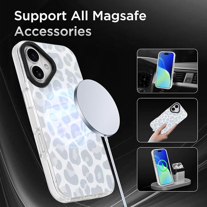 SAKUULO Magnetic for iPhone 16 Case Light Gray Leopard Print Pattern [Compatible with MagSafe] [with Screen Protector] Wireless Charge Strengthen Protection Cover, Light Gray Leopard (6.1")