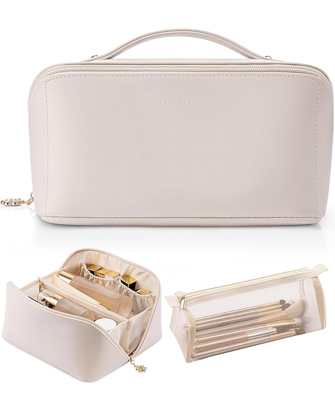 Vlando Travel Makeup Bag,Teacher Appreciation Gifts,Large Capacity Toiletry Bag for Women Wide Open Cosmetic Organizer with Divider and Handle(White)