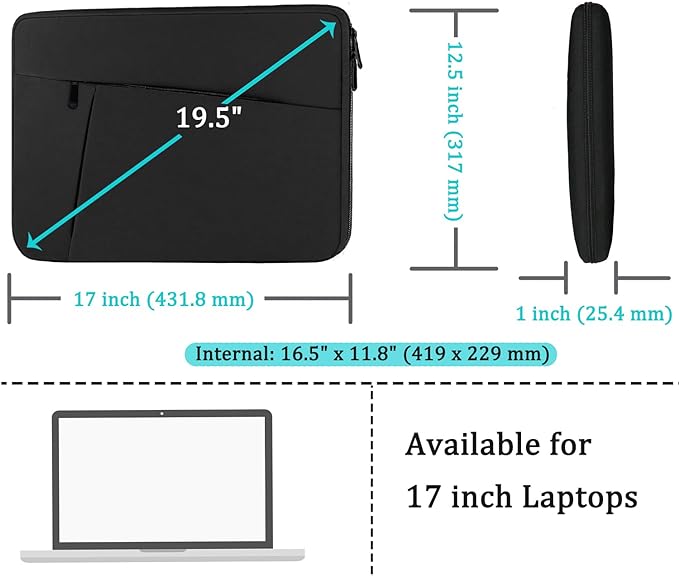 Laptop Case Sleeve 17 inch, Shockproof Protective Computer Carrying Cover with Front Pocket, Durable Laptop Sleeve for 17-17.3 inch HP, Dell, Acer, Asus, Notebook, Black