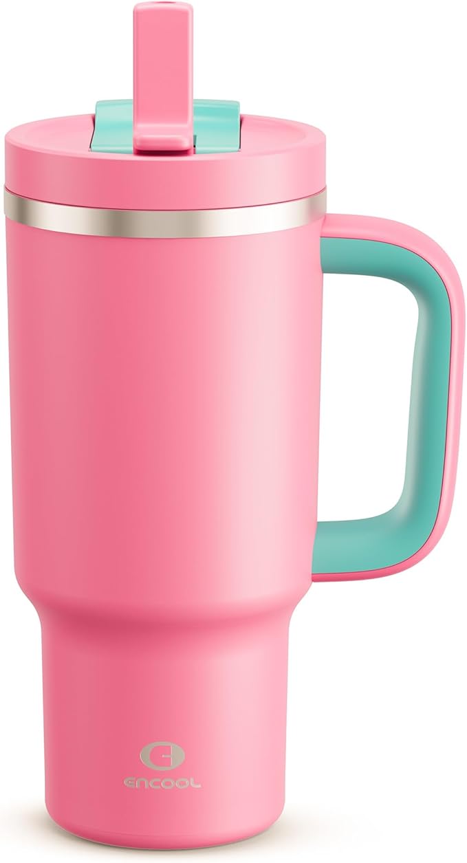 32 oz Tumbler with Handle and Straw: Stainless Steel Insulated Tumbler Keeps Cold for 24 Hours, Leakproof Travel Cup Fits in Cup Holder and BPA-Free, Tulip