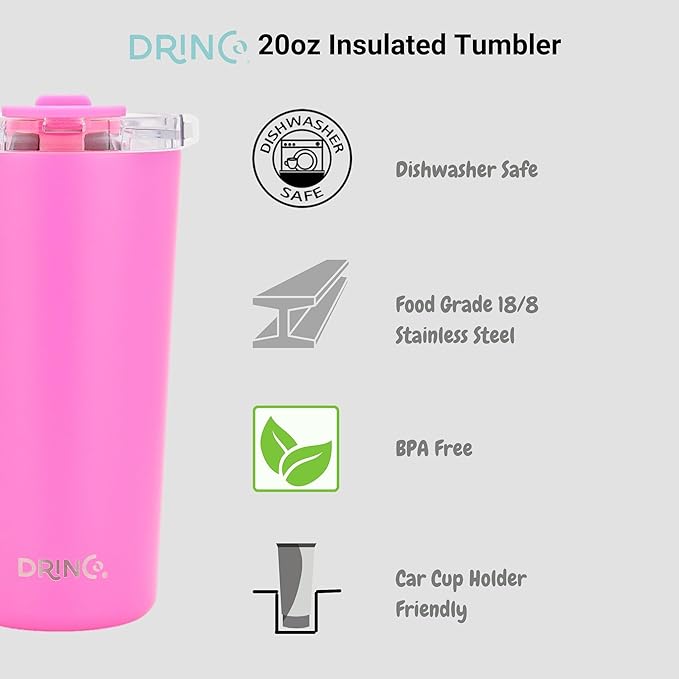 Drinco - 20 oz Stainless Steel Tumbler | Double Walled Vacuum Insulated Mug With Lid, 2 Straws, For Hot & Cold Drinks (20oz Island Pink, 20oz)