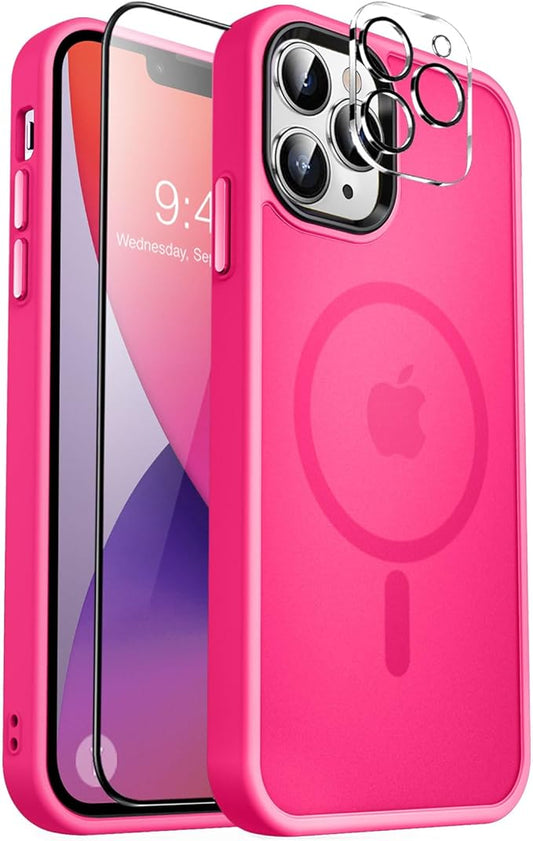 MOCCA Strong Magnetic for iPhone 13 Pro Max Case,[Compatible with Magsafe][Glass Screen Protector+Camera Lens Protector] Slim Thin Shockproof Cover Phone Case for iPhone 13 Pro Max 6.7", Hot Pink