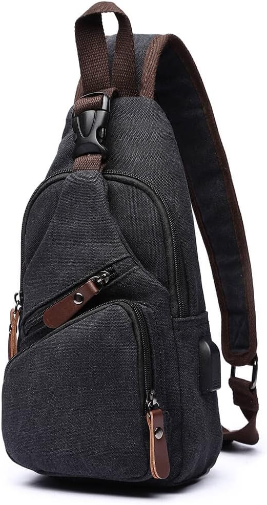 Canvas Sling Bag Crossbody Backpack Shoulder Casual Rucksack for Men Women Outdoor Cycling Hiking Travel Fishing Black