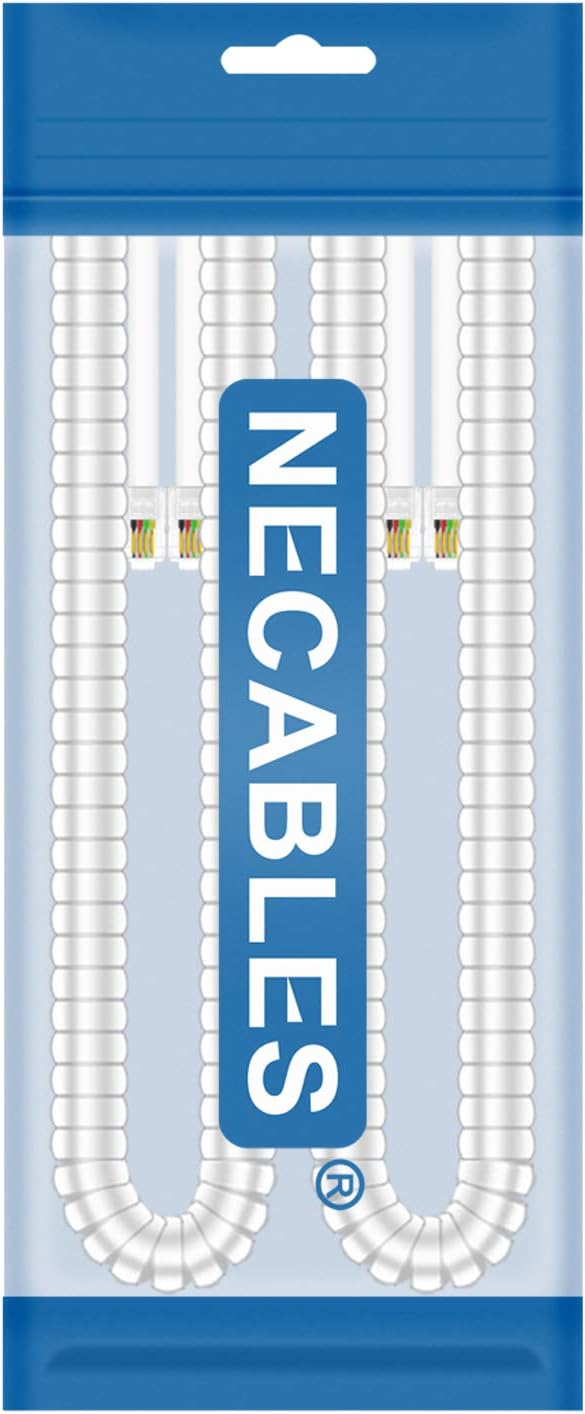 NECABLES 2Pack Phone Cord for Landline Telephone Handset Cord Curly Coiled Phone Cable RJ9 4P4C Male to Male White
