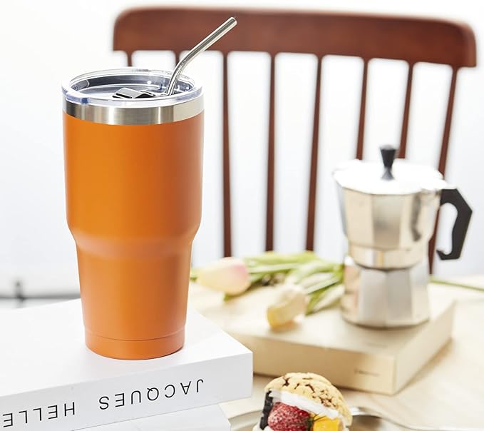 COMOOO 30oz Tumbler Stainless Steel Insulated Tumbler with Lid Double Wall Vacuum Coffee Cup Large Travel Mug for Hot and Cold Drinks, Home, Office, School,Party (Orange, 8 Pack)