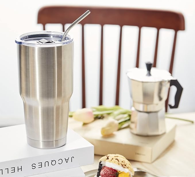 COMOOO 30 oz Stainless Steel Tumbler Bulk with Lid and Straw Insulated Tumbler Coffee Cup Durable Double Wall Vacuum Travel Coffee Mug Thermal for Hot and Cold Drinks (Silver, 8 Pack)