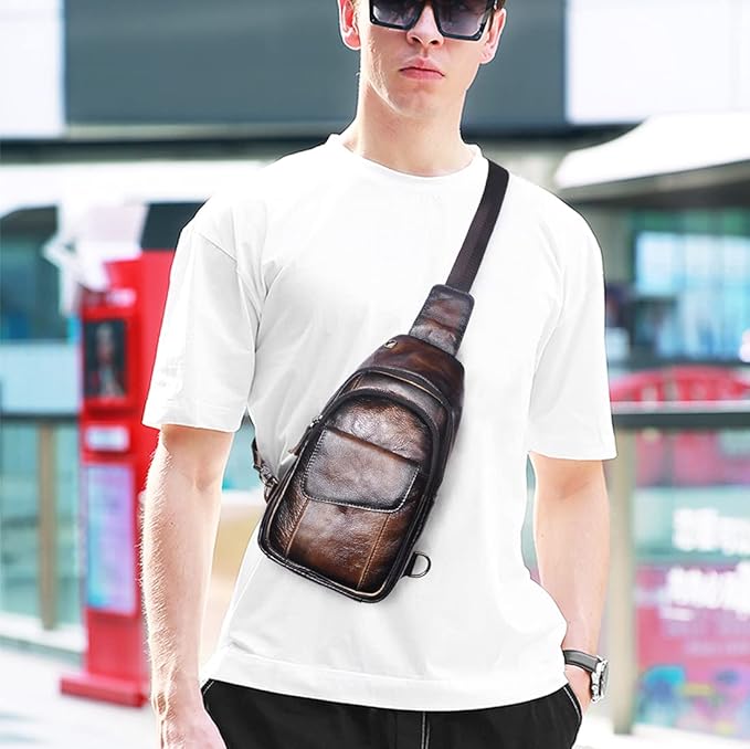 Le'aokuu Men Outdoor Casual Travel Hiking Tea Crossbody Chest Sling Bag Rig One Shoulder Strap Bag Backpack Men Leather