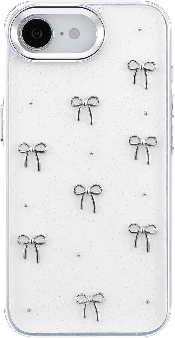 EYZUTAK Case for iPhone 16e, Bling Glitter 3D Bowknot Phone Case Cute Sparkly Crystal Clear Bow Aesthetic Design Cover Slim Soft Durable TPU Transparent Protective Cover for Women Girls - Bow