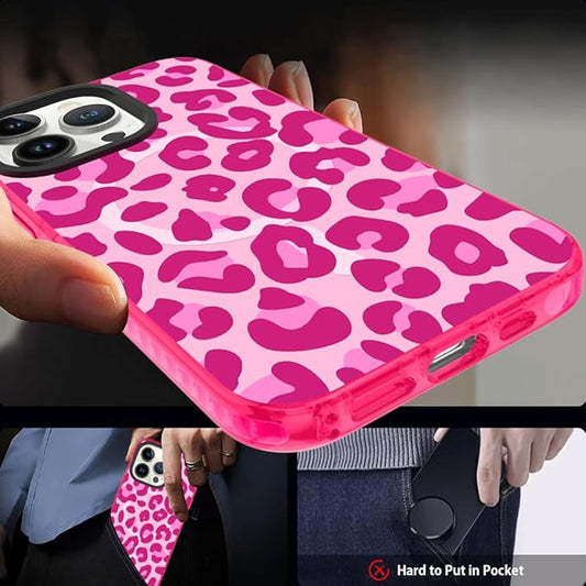 SAKUULO Magnetic for iPhone 14 Pro Case Hot Pink Leopard Print Pattern [Compatible with MagSafe] Wireless Charge Strengthen Protection Cover, Hot Pink Leopard (6.1")