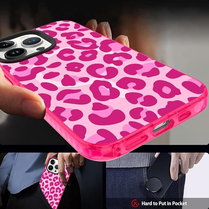 SAKUULO Magnetic for iPhone 13 Pro Case Hot Pink Leopard Print Pattern [Compatible with MagSafe] Wireless Charge Strengthen Protection Cover, Hot Pink Leopard (6.1")