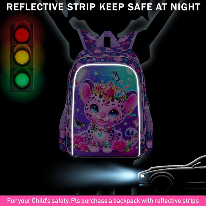 3Pcs Girls Backpack, 16" Kids Bookbag with Lunch Box，Leopard School Backpacks for Elementary Preschool Kindergarten (Purple)