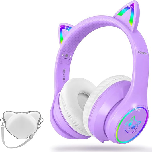 LOBKIN Bluetooth 5.4 Kids Headphones with Case - RGB LED Light Up Cat Ears Foldable Adjustable Over Ear Headphone Support Wireless or 3.5mm Wired Mode for Toddler & Girls & Boys Teens